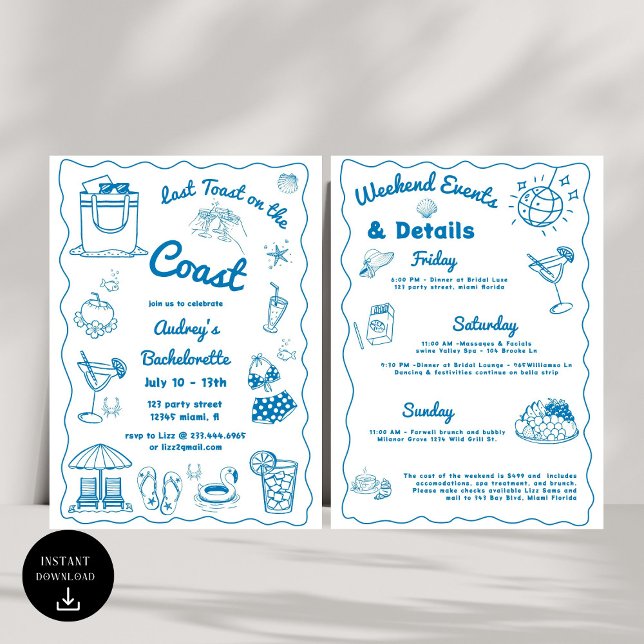 Invitation Bleu Dernier Toast Sur La Côte Bachelorette Week-e (Créateur téléchargé)