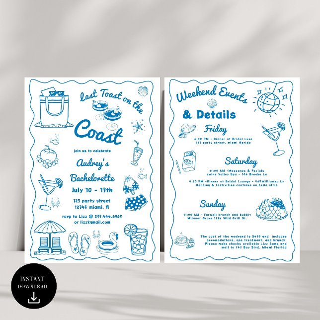 Invitation Bleu Dernier Toast Sur La Côte Bachelorette Week-e (Créateur téléchargé)
