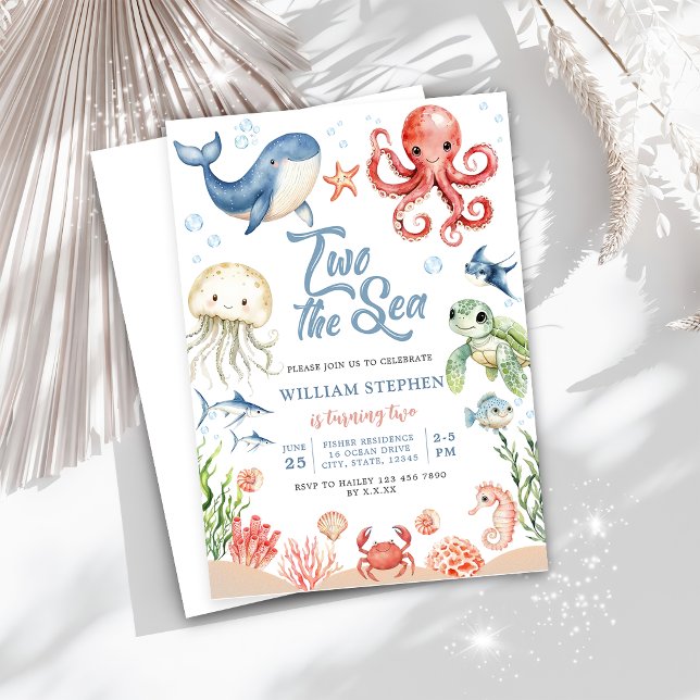 Invitation Bleu Deux Anniversaire 2 Ans Animaux de la Mer Océ (Créateur téléchargé)