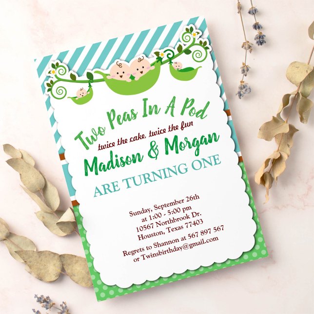Invitation Bleu Deux Pois Dans Un Jumeau Pod Jumeaux Annivers (Créateur téléchargé)