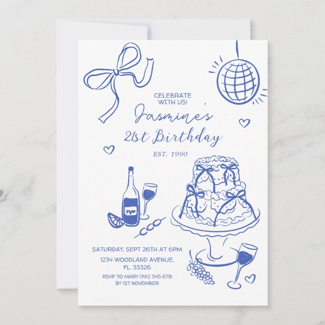 Invitation Bleu Disco Ball & Cake tendance Anniversaire (Devant)