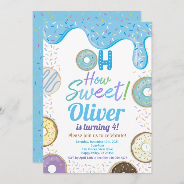 Invitation Bleu Donut Garçon Fête d'Anniversaire N'importe qu (Devant / Derrière)
