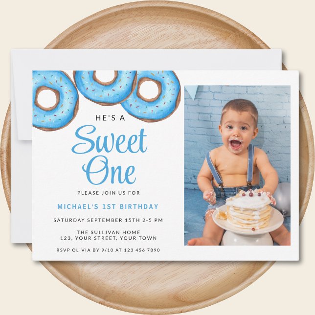 Invitation Bleu Donut Photo Boy's First Birthday Party (Créateur téléchargé)