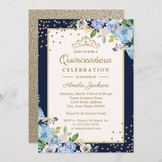Invitation Bleu doré Parkle Quinceanera (Devant / Derrière)