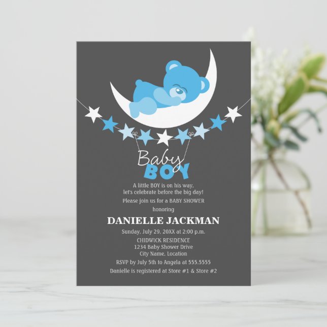 Invitation Bleu dormant Garçon Teddy Bear sur le Baby shower  (Debout devant)