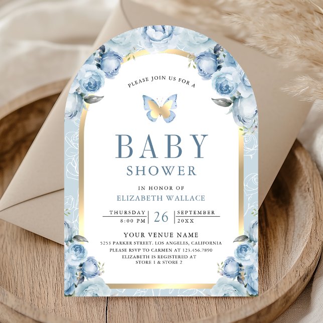 Invitation Bleu doux Baby shower papillon à arc floral (Créateur téléchargé)