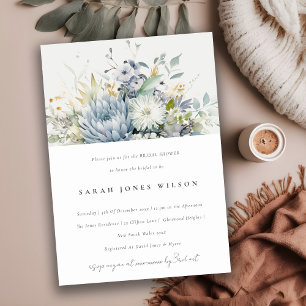 Invitation Bleu doux Fête des mariées florale Succulente