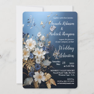 Invitation Bleu doux, Fleurs blanches et feuilles d'or
