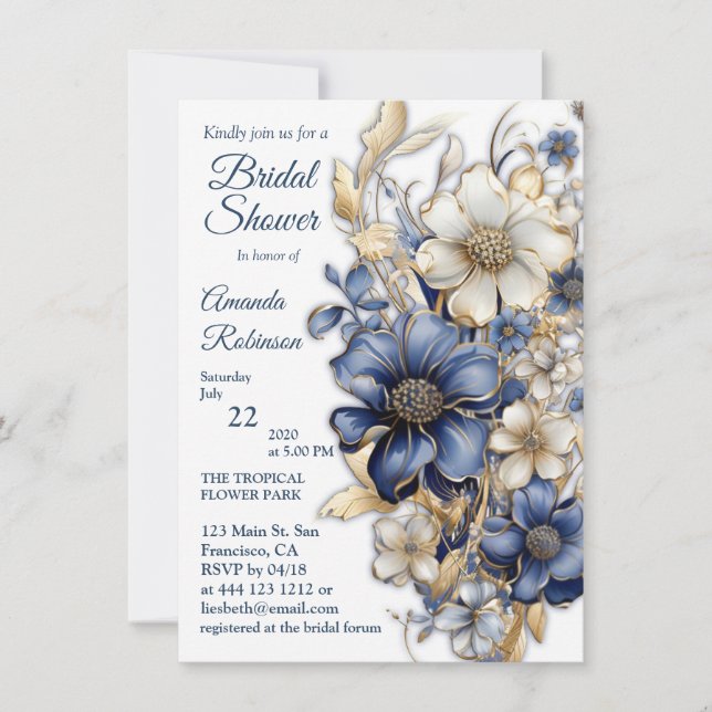 Invitation Bleu doux, fleurs blanches et gravures dorées  (Devant)
