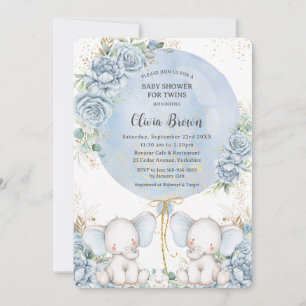 Invitation Bleu doux Floral Cute Elephants Jumeaux Baby showe