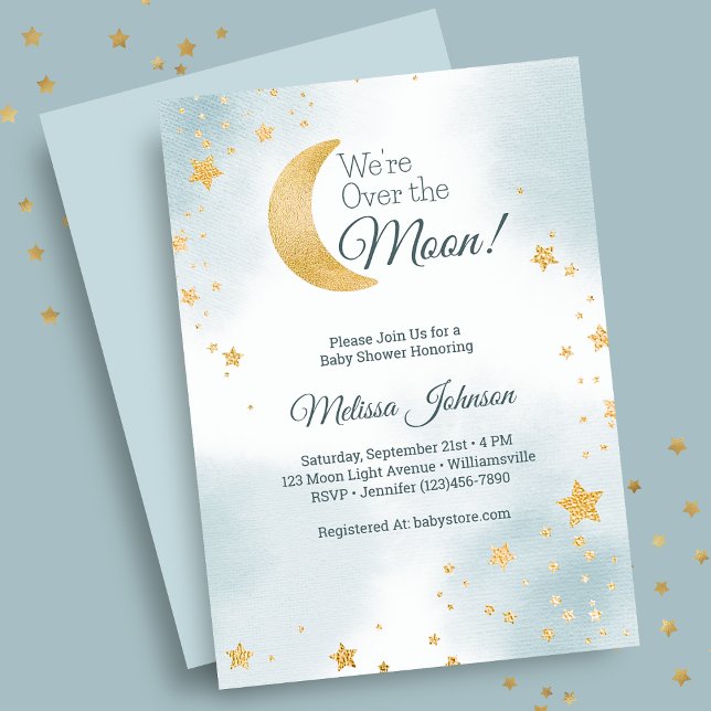 Invitation Bleu doux Nous sommes sur le Baby shower du garçon (Sweet Blue We're Over the Moon Boy Baby Shower Invitation)