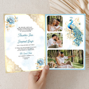 Invitation Bleu doux or Lace florale indien Paon Mariage