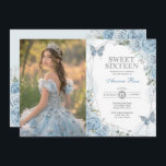 Invitation Bleu doux Silver Sweet 16 Papillon photo d'anniver<br><div class="desc">L'invitation parfaite pour le doux 16 de votre fille est enfin là ! Cet invitation chic présente d'élégants roses bleu poussiéreux d'aquarelle, des papillons doux et un cadre moderne géométrique en argent. Cliquez sur le bouton "customiser plus loin" si vous souhaitez réorganiser et formater le style et le placement du...</div>
