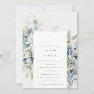 Invitation Bleu Doux Vert Succulent Fleur Christening