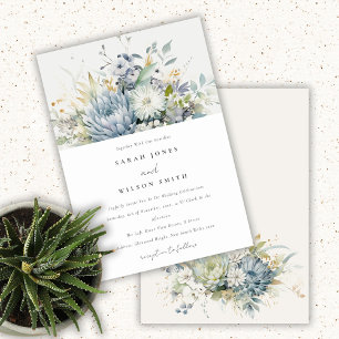 Invitation Bleu doux Vert Succulent Mariage botanique fleuri