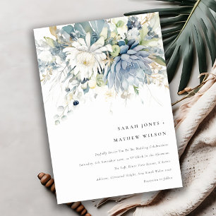 Invitation Bleu doux Vert Succulent Mariage botanique fleuri