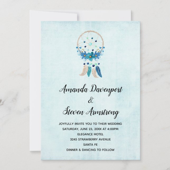 Invitation Bleu Dreamcatcher avec Mariage Fleurs & Plumes (Devant)