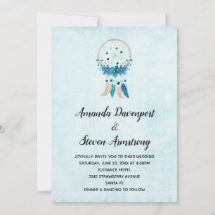 Invitation Bleu Dreamcatcher avec Mariage Fleurs & Plumes