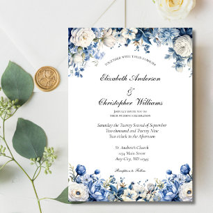 Invitation Bleu Duché Blanc Élégant Mariage d'aquarelle flora