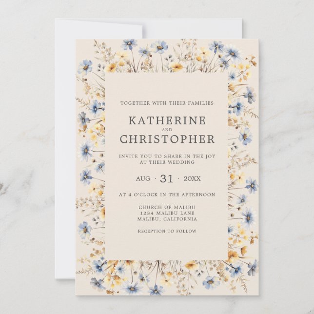 Invitation Bleu Duché Fleur sauvage Budget Mariage beige (Devant)