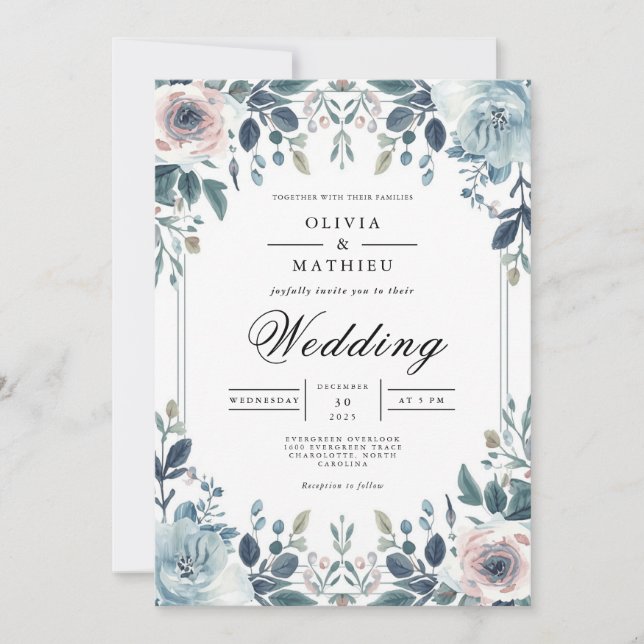 Invitation Bleu Dusky Botanique Floral Mariage (Devant)