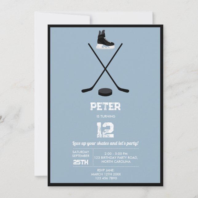 Invitation Bleu Dusty Bâton de hockey sur glace, Patins Puck  (Devant)