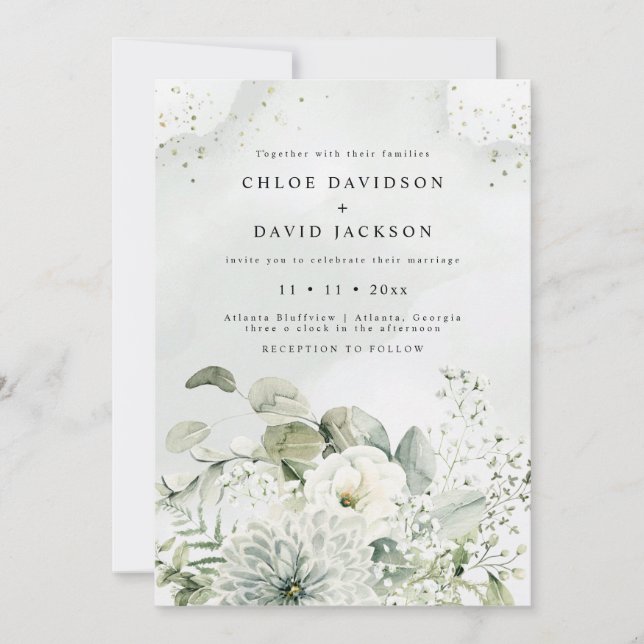 Invitation Bleu Dusty & Blanc Floral Verdure Rustique Mariage (Devant)
