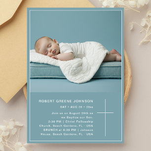 Invitation Bleu Dusty Christening Photo Baby Boy Baptême