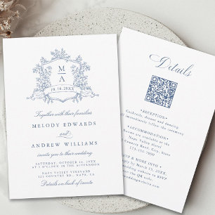 Invitation Bleu Dusty classique Cimier Floral Mariage tout en