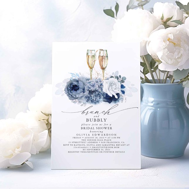 Invitation Bleu Dusty Elegant Brunch et Fête des mariées Bubb (Dusty Blue Floral Bridal Shower Invitations Brunch and Bubbly)