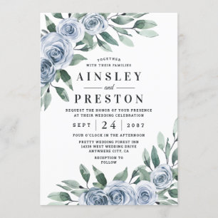 Invitation Bleu Dusty Elegant Floral Boho Rose Rustique Maria