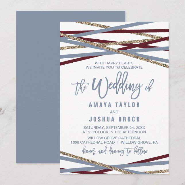 Invitation Bleu Dusty et Cranberry Streamers Le Mariage de (Devant / Derrière)