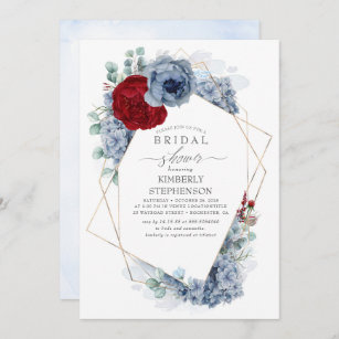 Invitation Bleu Dusty et Fête des mariées florale rouge Bourg