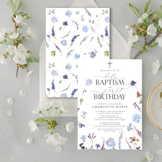 Invitation Bleu Dusty Fleur sauvage Saint Baptême & 1er Anniv (Easily personalize this baptism and first birthday invite with your personal details.)