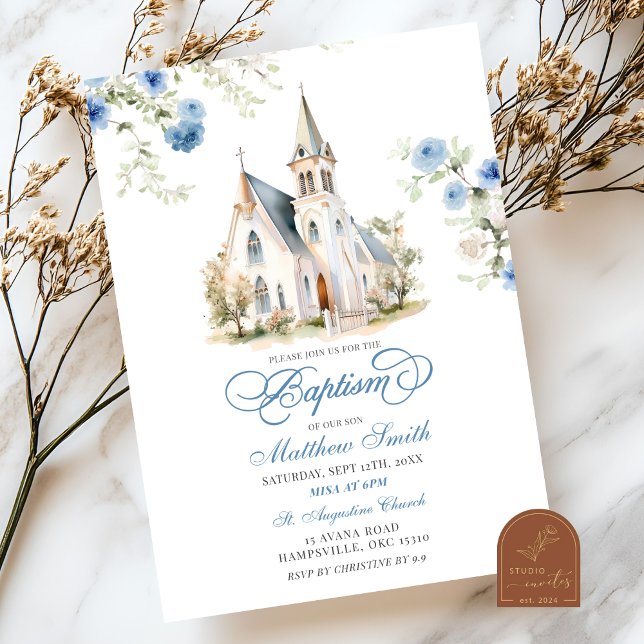 Invitation Bleu Dusty Floral Classic Church Baptême (Créateur téléchargé)