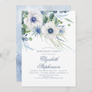 Invitation Bleu Dusty Floral verdure Élégant Anniversaire