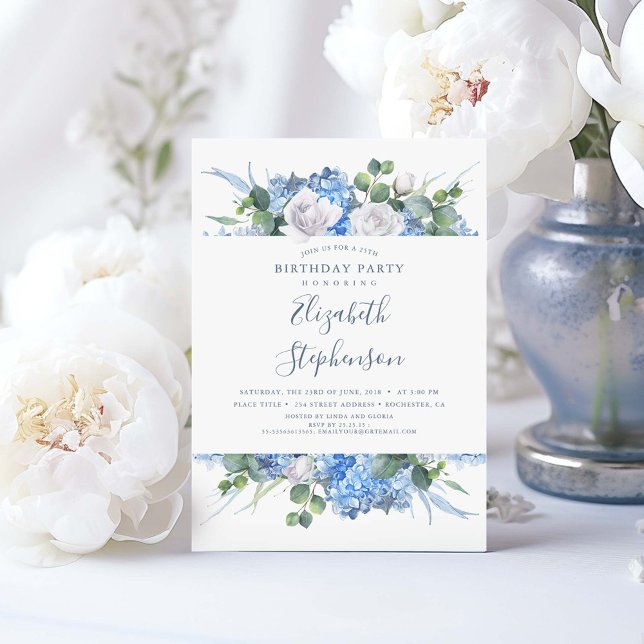 Invitation Bleu Dusty Floral Verdure Moderne Anniversaire (Dusty Blue Birthday Invitations)