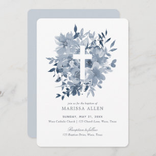 Invitation Bleu Dusty Floral verdure Neutre Baptême