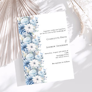 Invitation Bleu Dusty floraux blancs élégant mariage