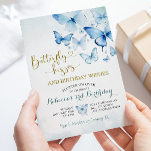 Invitation Bleu Dusty flotter sur le papillon Anniversaire