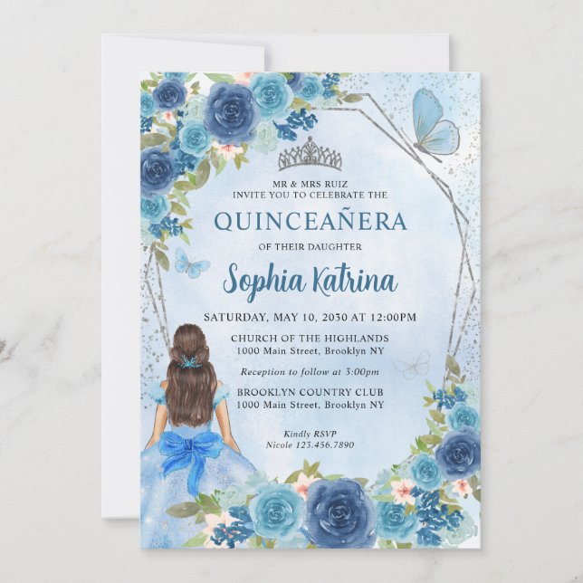 Invitation Bleu Dusty Glam Floral Princess Quinceañera (Devant)