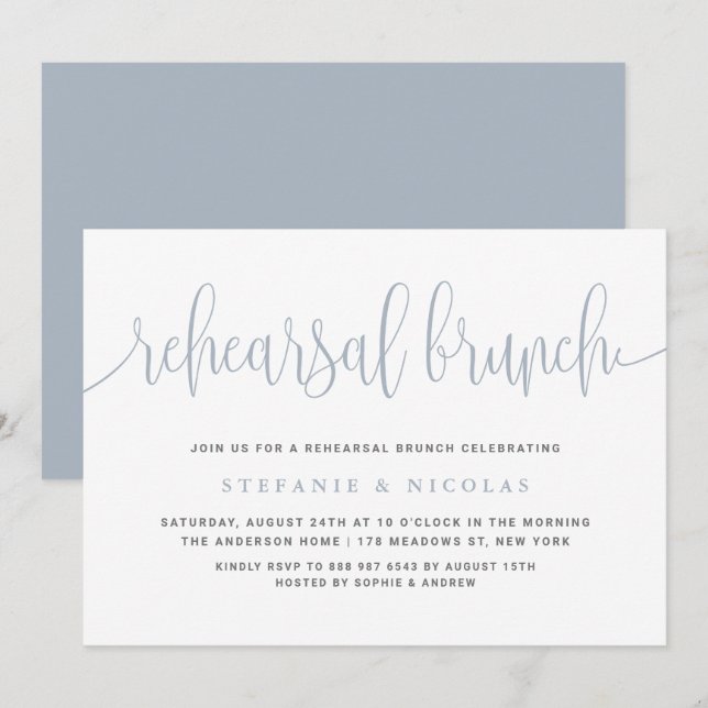 Invitation Bleu Dusty Joli Brunch de répétition de calligraph (Devant / Derrière)