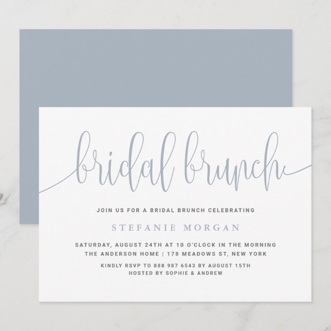 Invitation Bleu Dusty Jolie Calligraphie Brunch nuptial (Devant / Derrière)