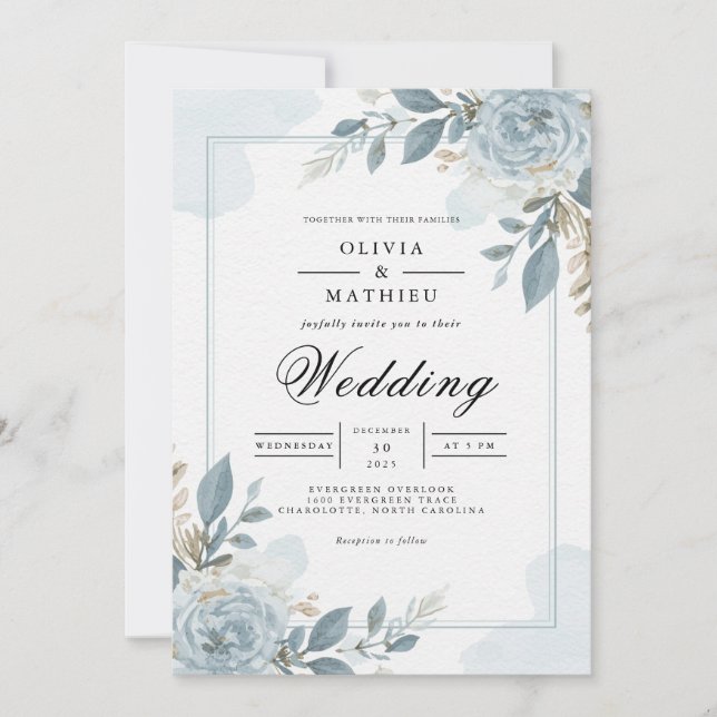 Invitation Bleu Dusty Mariage floral (Devant)