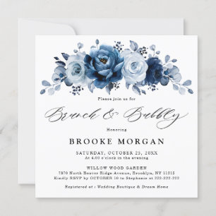 Invitation Bleu Dusty Marine Floral Brunch et Bubbly