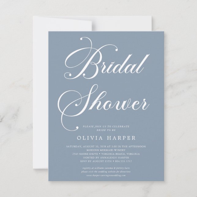 Invitation Bleu Dusty minimum Script nuptiale de douche Invit (Devant)