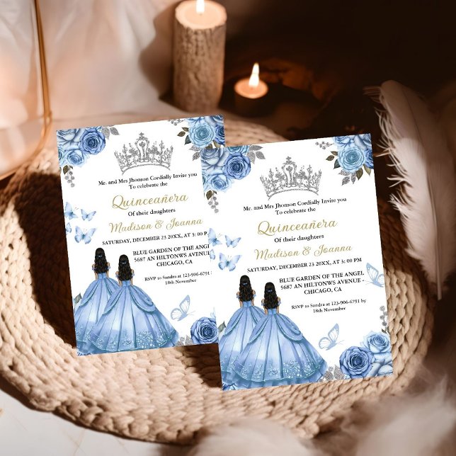 Invitation Bleu Dusty Papillon Floral Twin Girl Quinceanera (Créateur téléchargé)