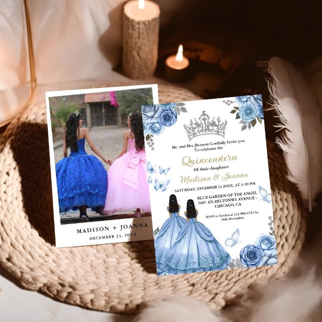 Invitation Bleu Dusty Papillon Floral Twin Girl Quinceanera (Créateur téléchargé)