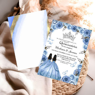 Invitation Bleu Dusty Papillon Floral Twin Girl Quinceanera