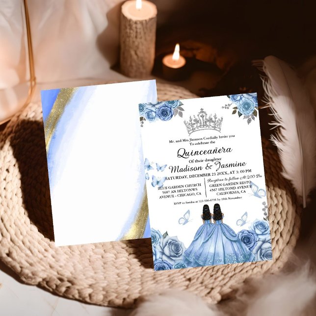 Invitation Bleu Dusty Papillon Floral Twin Quinceanera (Créateur téléchargé)
